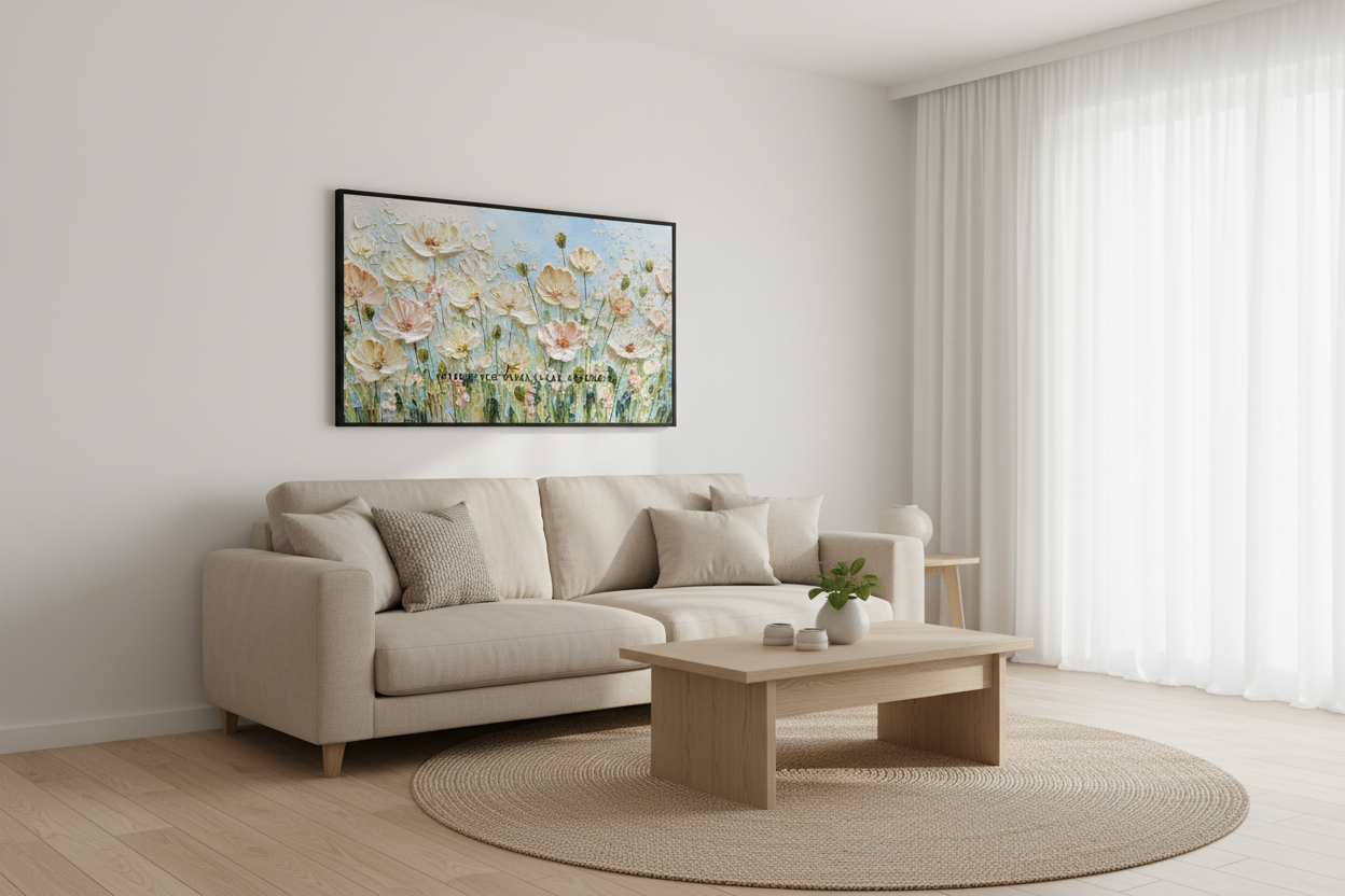 Majestic Botanical Solace impasto floral art displayed on Samsung Frame TV in modern living room