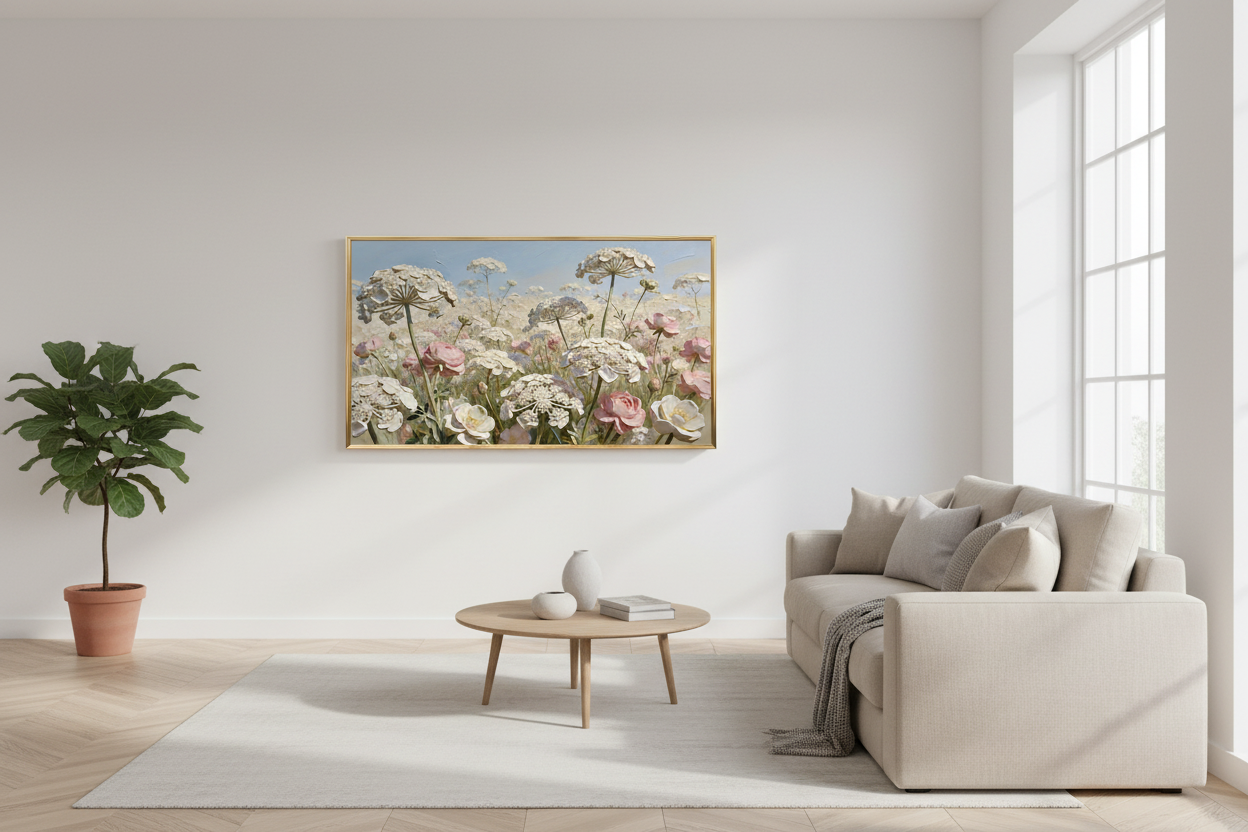Lace of the Lowland Dawn impasto floral art displayed on Samsung Frame TV in modern living room