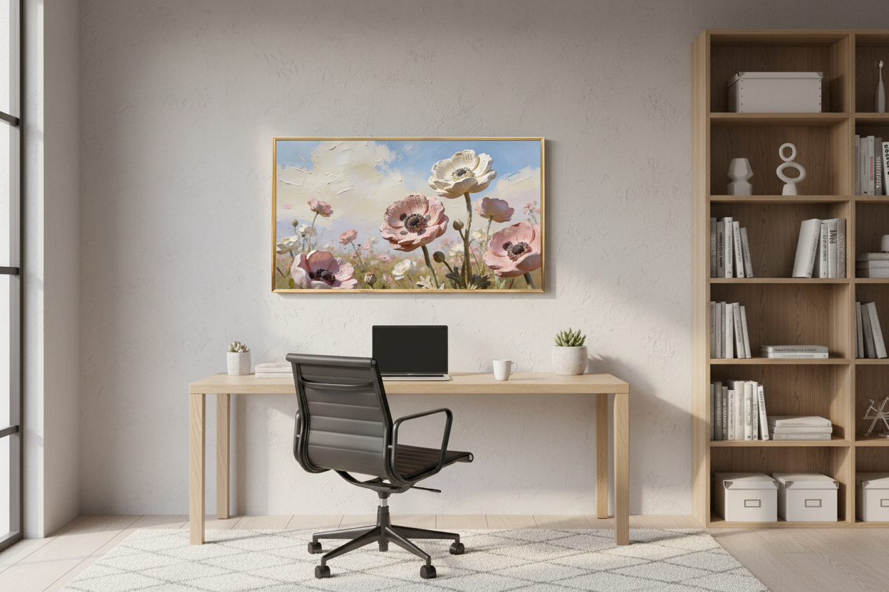 Whimsical Horizon impasto floral art displayed on Samsung Frame TV in stylish home office