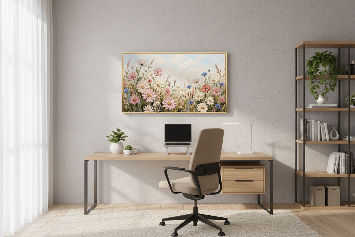 Delicate Meadow Composition displayed on Samsung Frame TV in stylish home office