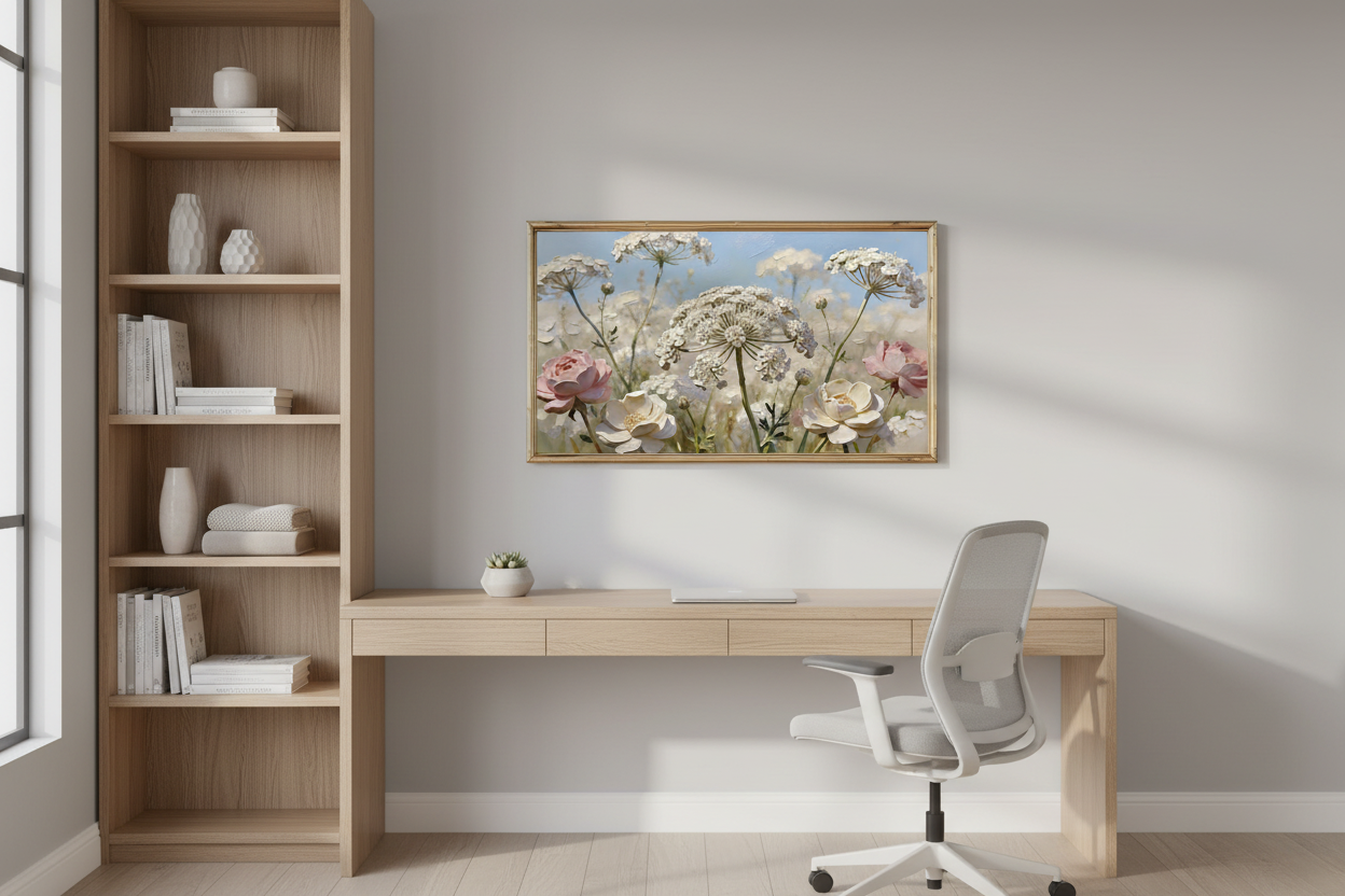 Noble Hills Bliss impasto floral art displayed on Samsung Frame TV in stylish home office