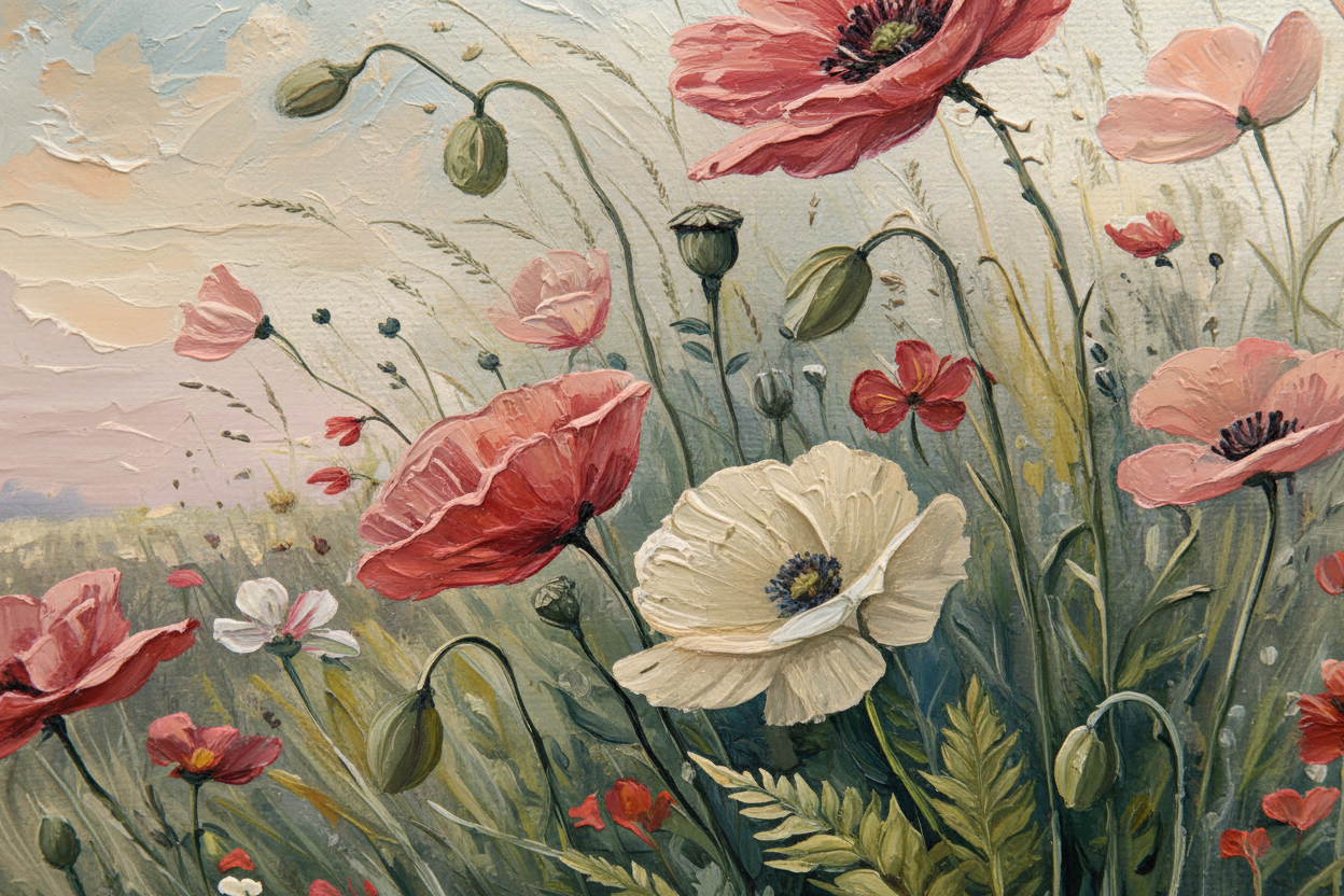 Close-up detail of Echoes of the Gentle Gale showing impasto florals in gentle wind texture