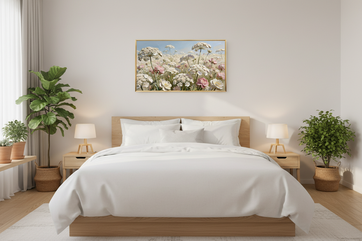 Lace of the Lowland Dawn impasto floral art displayed on Samsung Frame TV in cozy bedroom