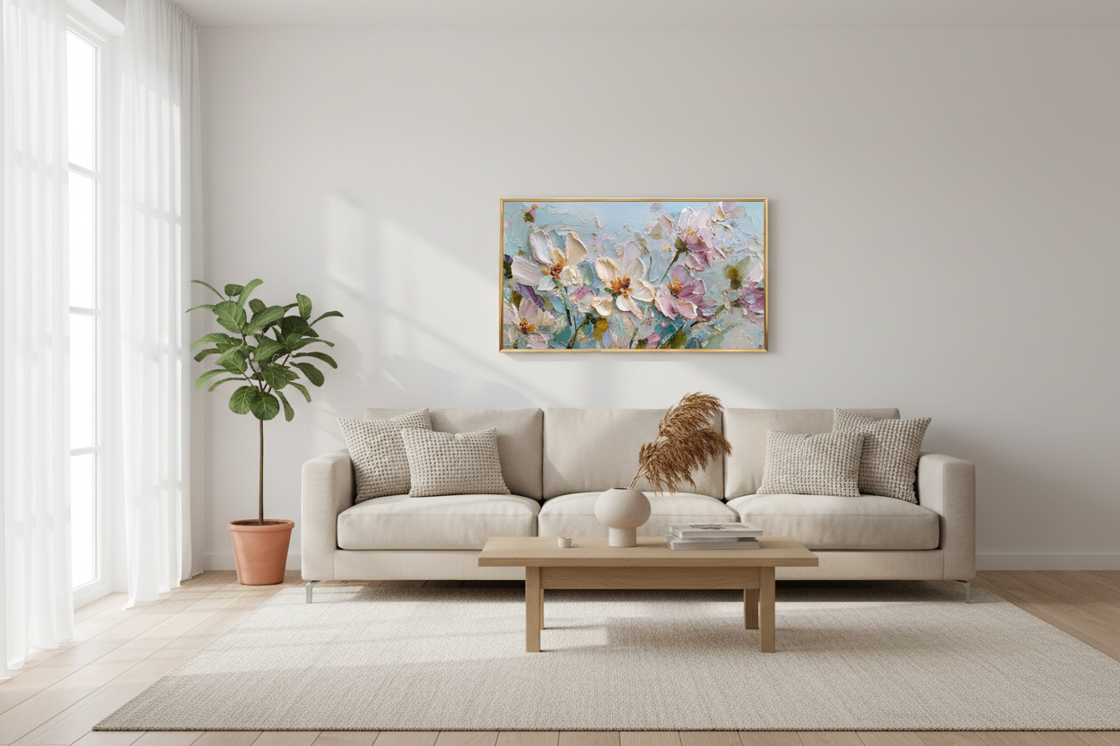 Harmony of Spring Valley painterly texture art displayed on Samsung Frame TV in modern living room