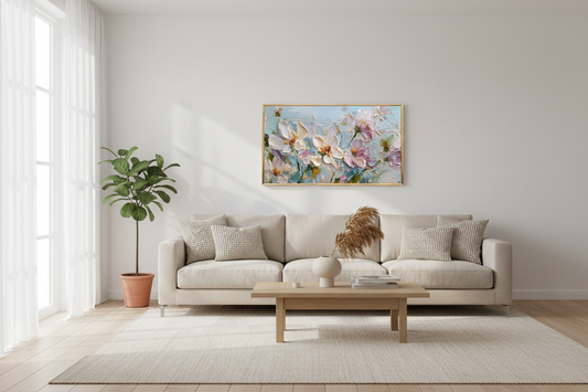 Harmony of Spring Valley painterly texture art displayed on Samsung Frame TV in modern living room