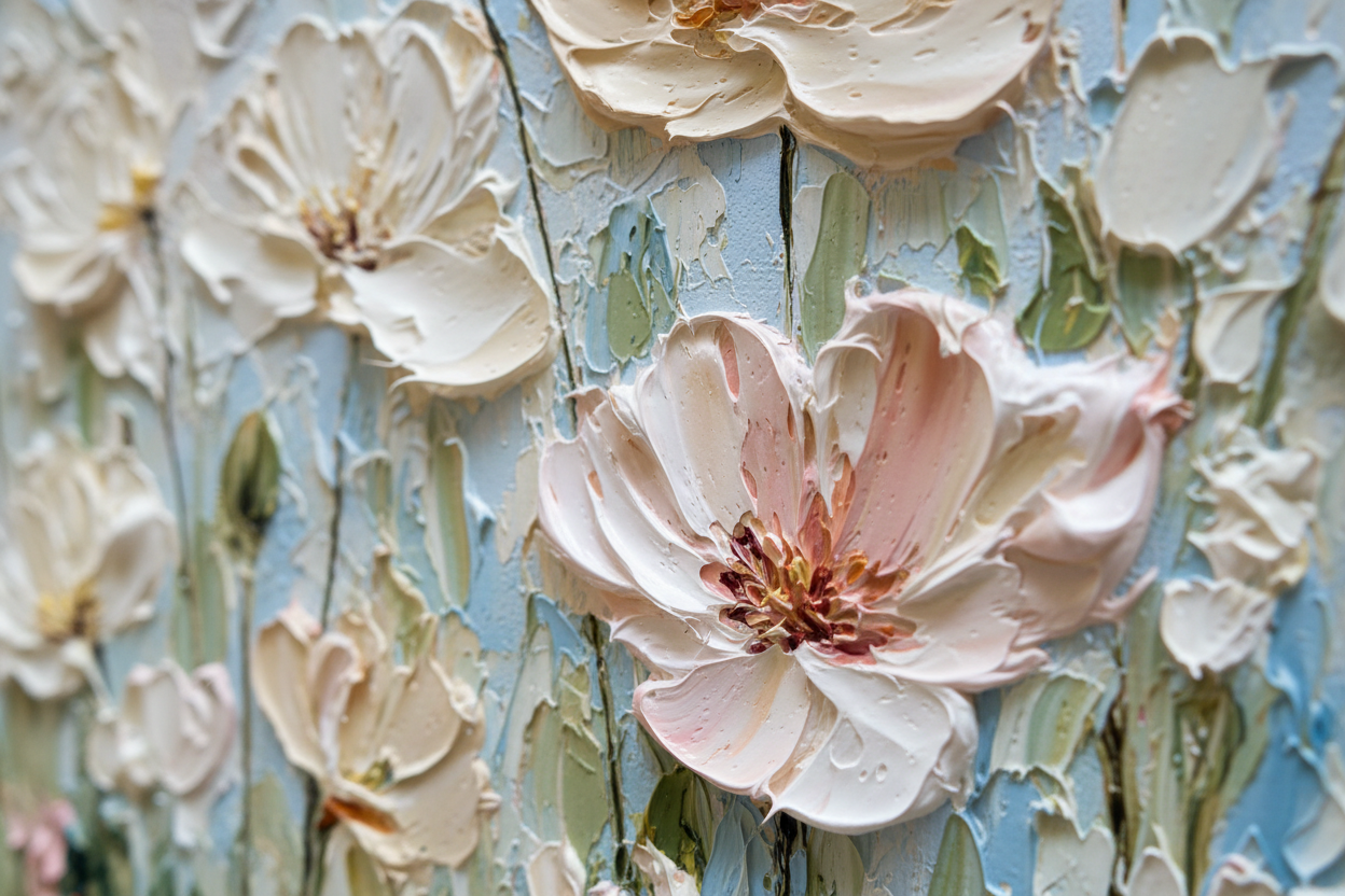 Close-up detail of Majestic Botanical Solace showing majestic impasto botanical texture