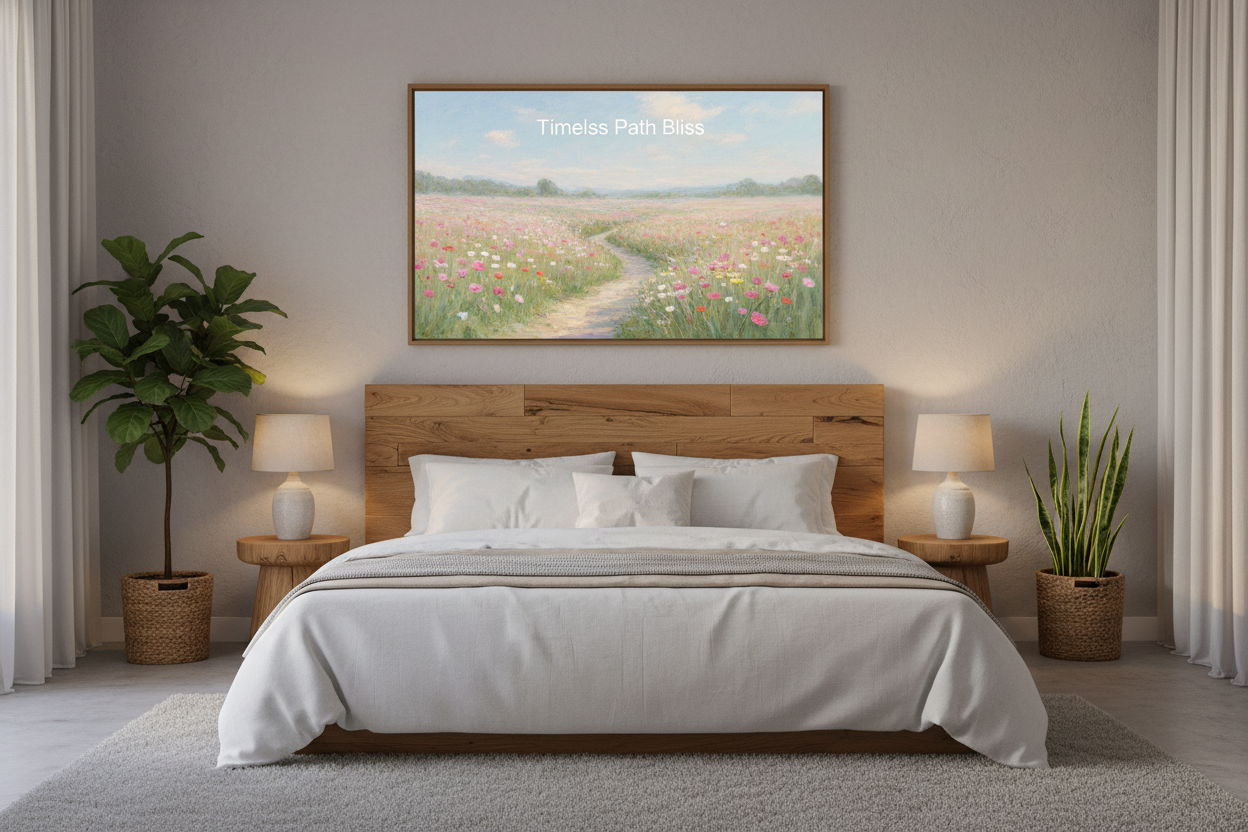 Timeless Path Bliss wildflower meadow art displayed on Samsung Frame TV in cozy bedroom