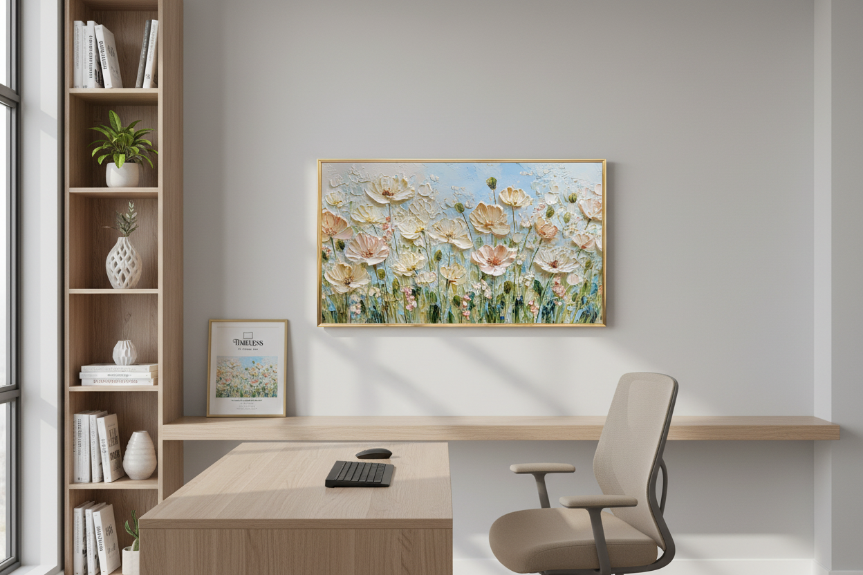 Majestic Botanical Solace impasto floral art displayed on Samsung Frame TV in stylish home office