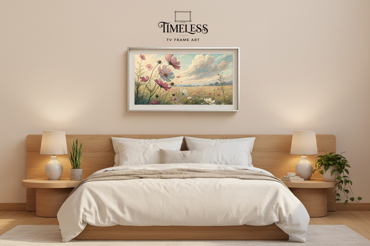 Bliss Through Emerald Valley displayed on Samsung Frame TV in cozy bedroom