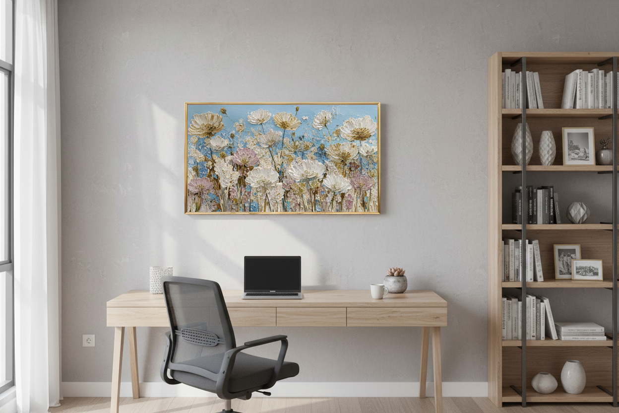 Flowing Path at Morning wildflower meadow art displayed on Samsung Frame TV in stylish home office
