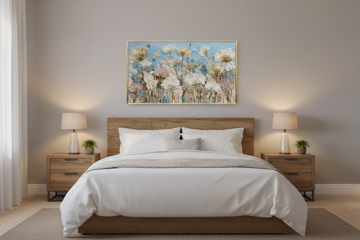 Flowing Path at Morning wildflower meadow art displayed on Samsung Frame TV in cozy bedroom