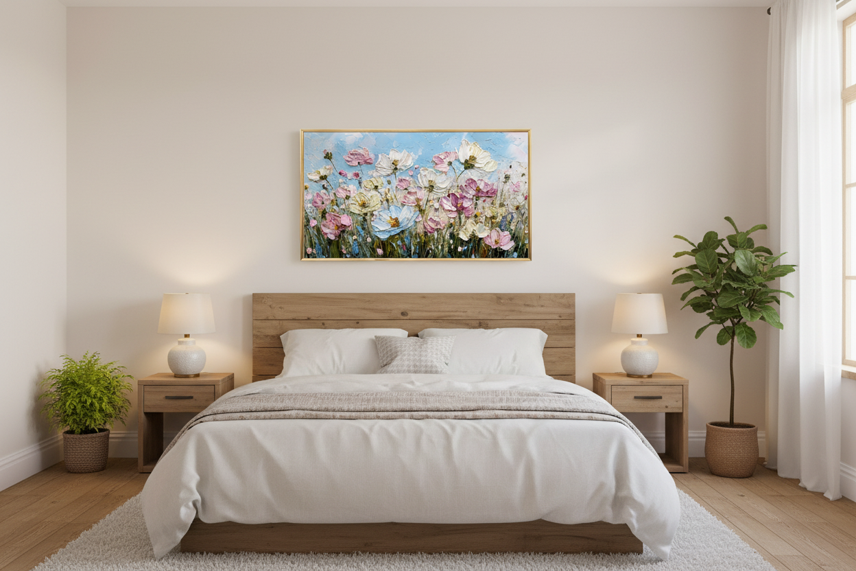 Whispering Petals in Morning Light impasto floral art displayed on Samsung Frame TV in cozy bedroom