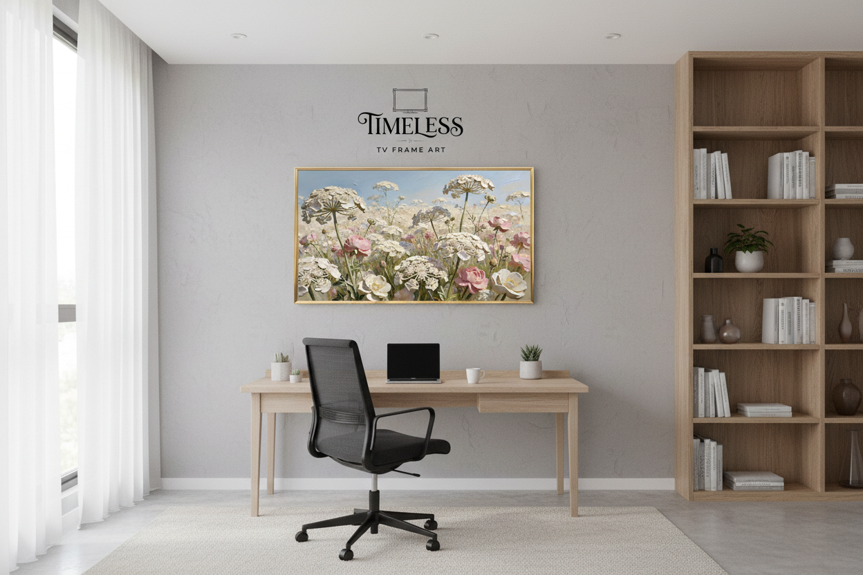 Lace of the Lowland Dawn impasto floral art displayed on Samsung Frame TV in stylish home office