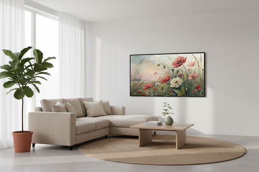 Echoes of the Gentle Gale impasto floral art displayed on Samsung Frame TV in modern living room