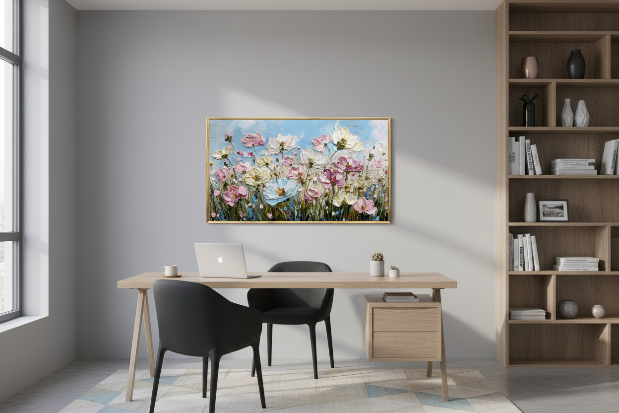 Whispering Petals in Morning Light impasto floral art displayed on Samsung Frame TV in stylish home office