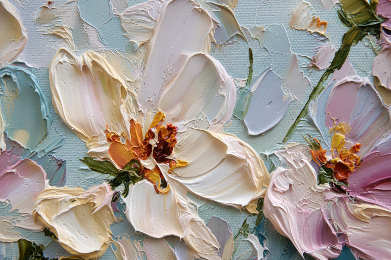 Close-up detail of Harmony of Spring Valley showing painterly texture and harmonious spring colors