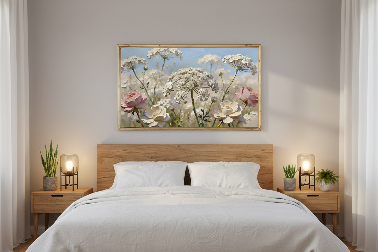 Noble Hills Bliss impasto floral art displayed on Samsung Frame TV in cozy bedroom