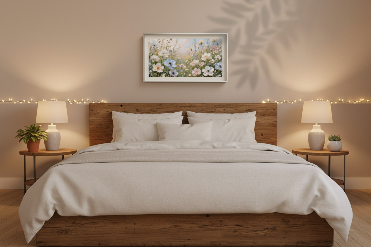 Luminous Calm wildflower meadow art displayed on Samsung Frame TV in cozy bedroom