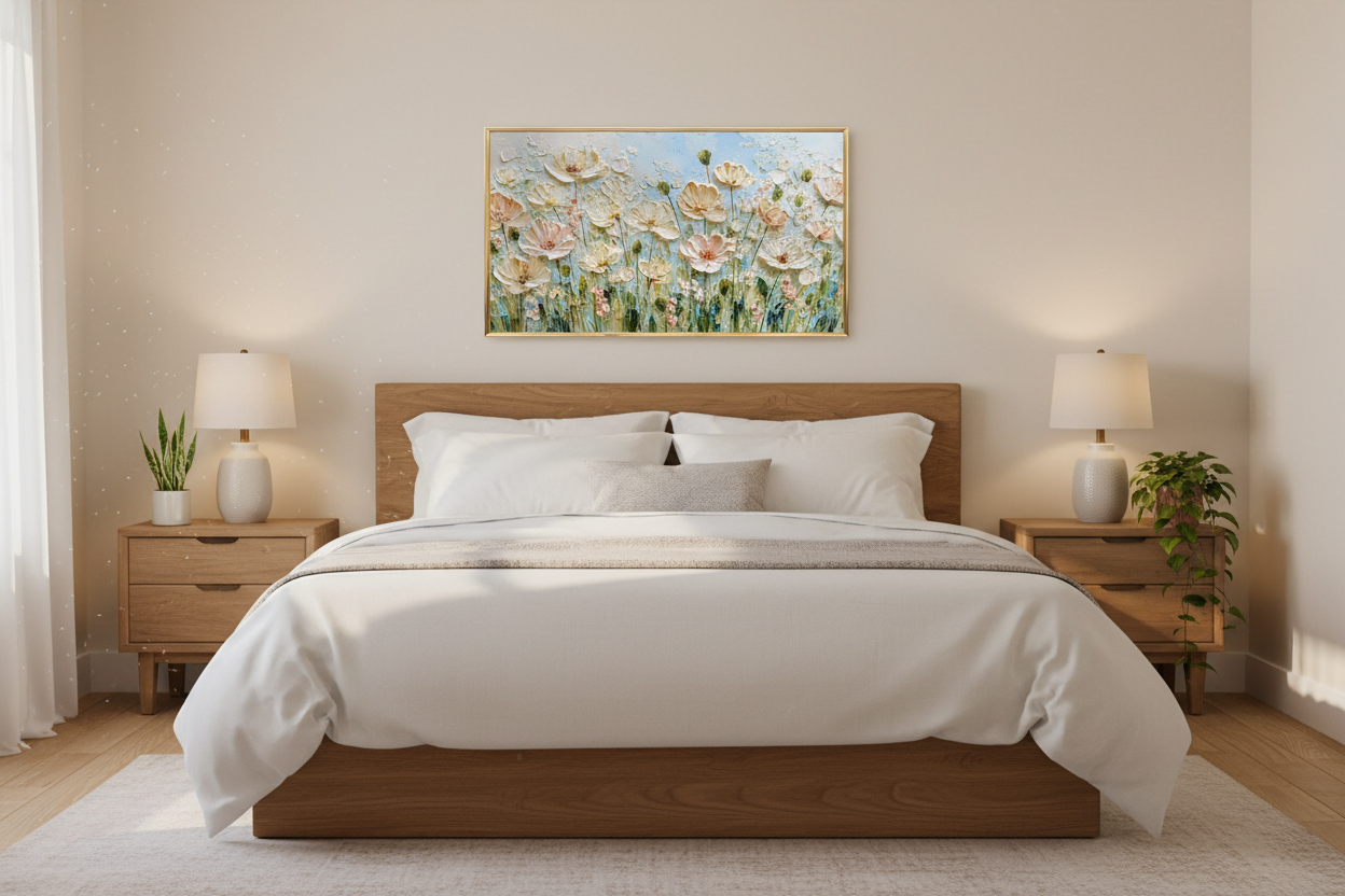 Majestic Botanical Solace impasto floral art displayed on Samsung Frame TV in cozy bedroom