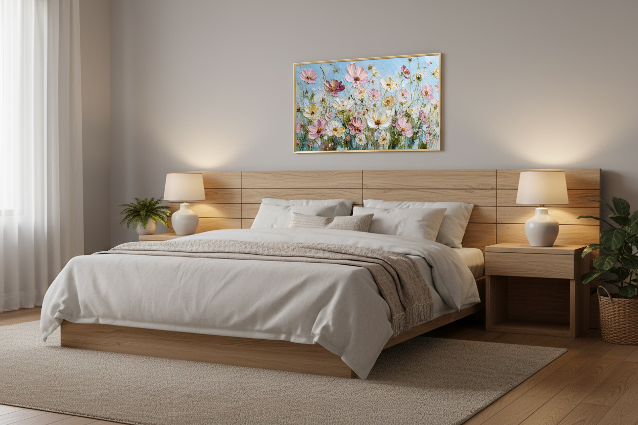 Azure Serenity at Golden Hour displayed on Samsung Frame TV in cozy bedroom