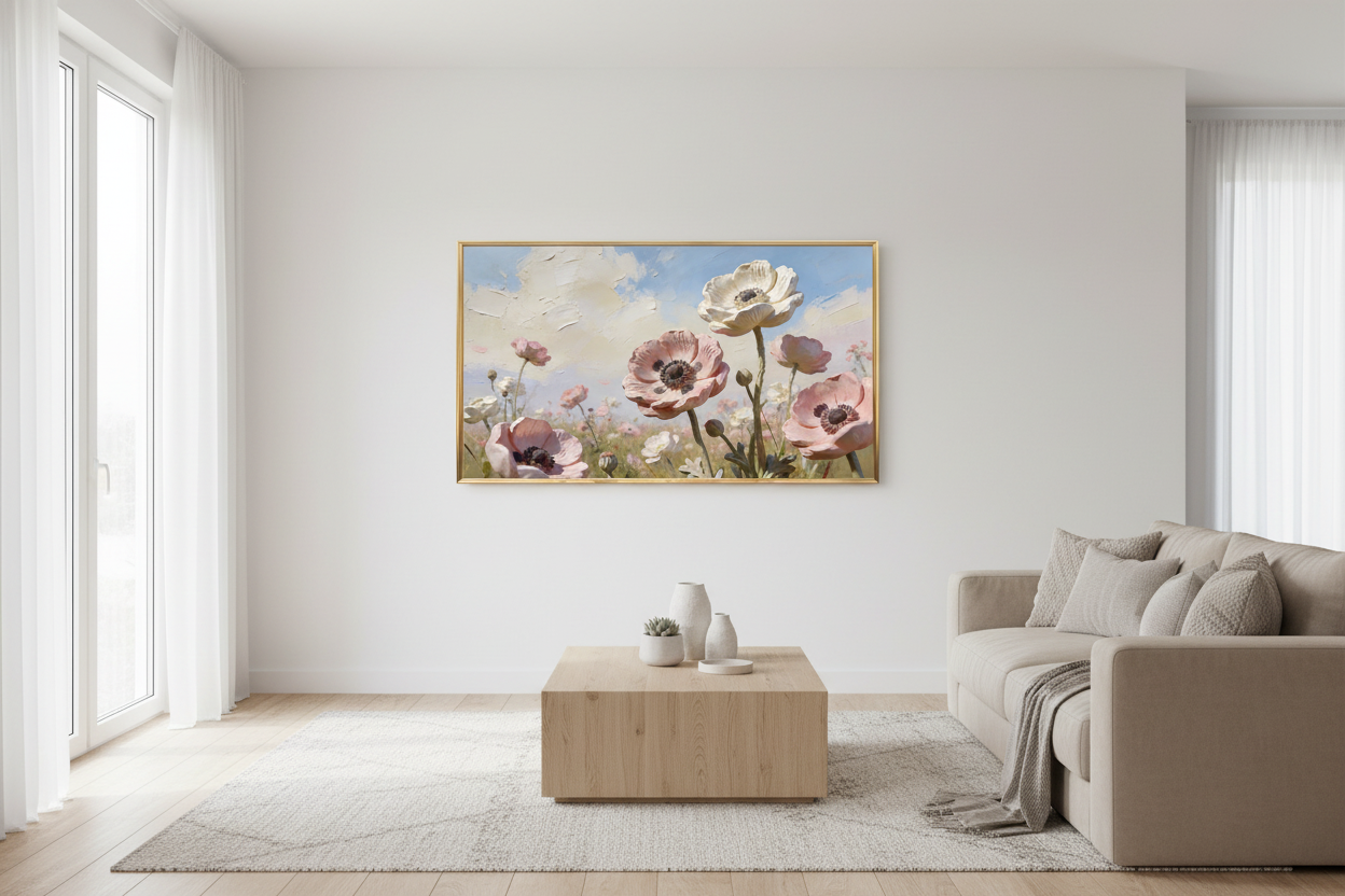 Whimsical Horizon impasto floral art displayed on Samsung Frame TV in modern living room