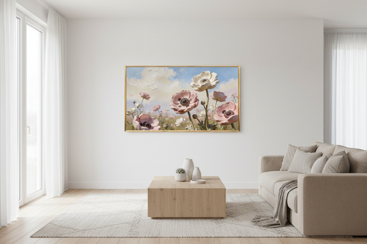 Whimsical Horizon impasto floral art displayed on Samsung Frame TV in modern living room