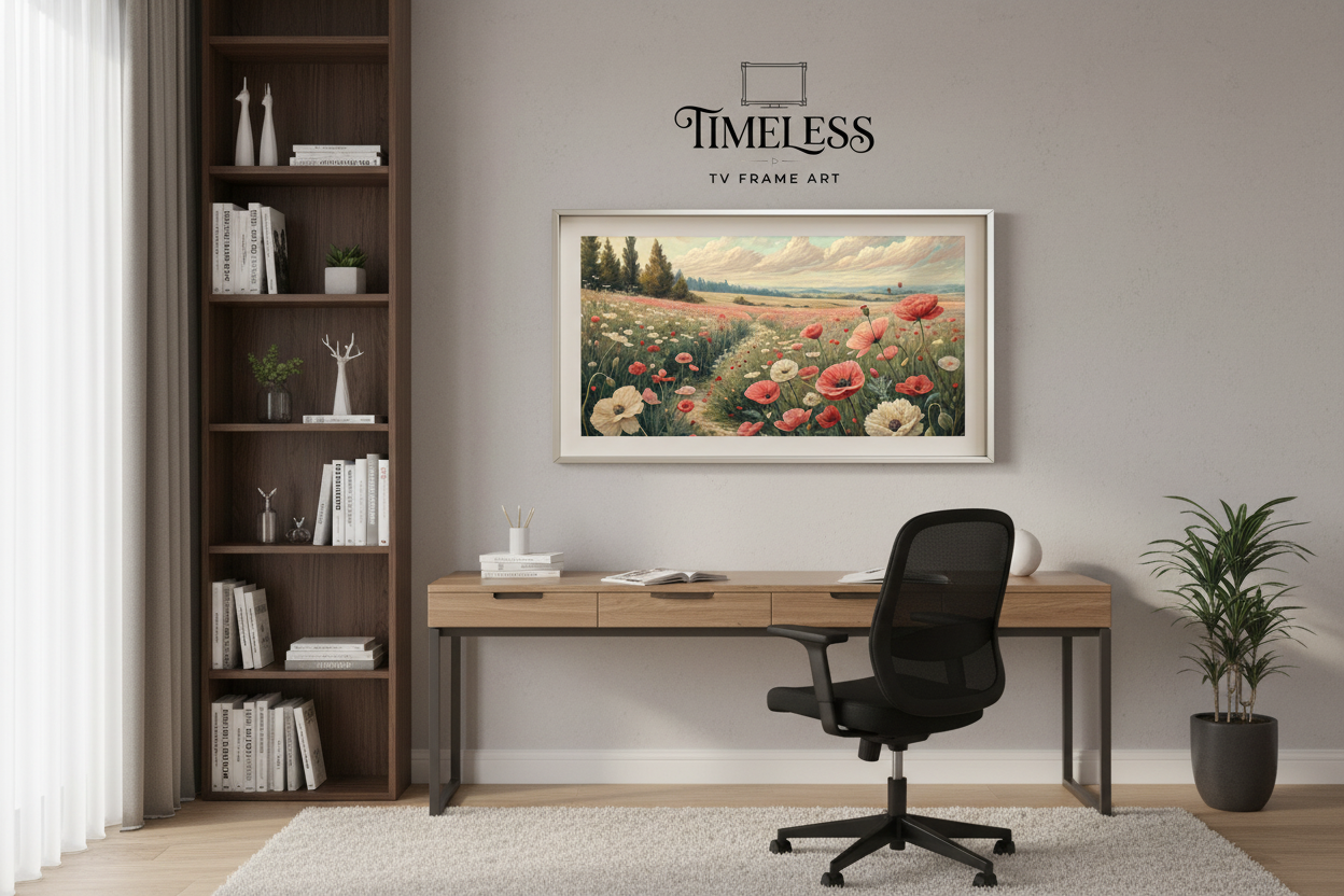 Timeless Hills Portrait with brushstroke details displayed on Samsung Frame TV in stylish home office