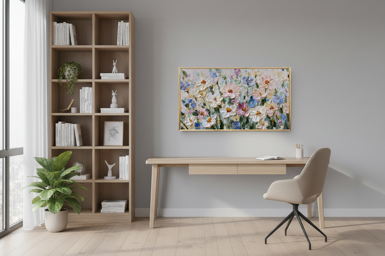 Luminous Chaos brushstroke detail art displayed on Samsung Frame TV in stylish home office