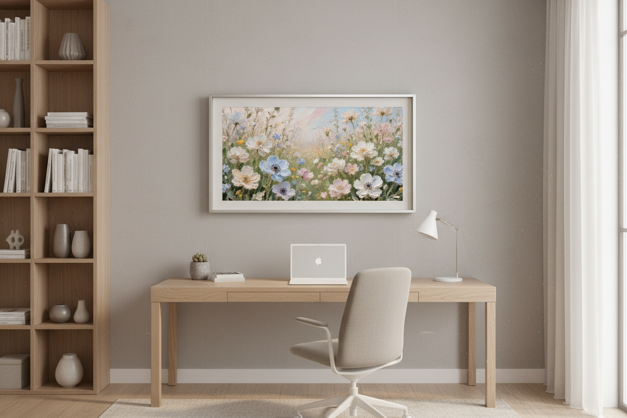 Luminous Calm wildflower meadow art displayed on Samsung Frame TV in stylish home office