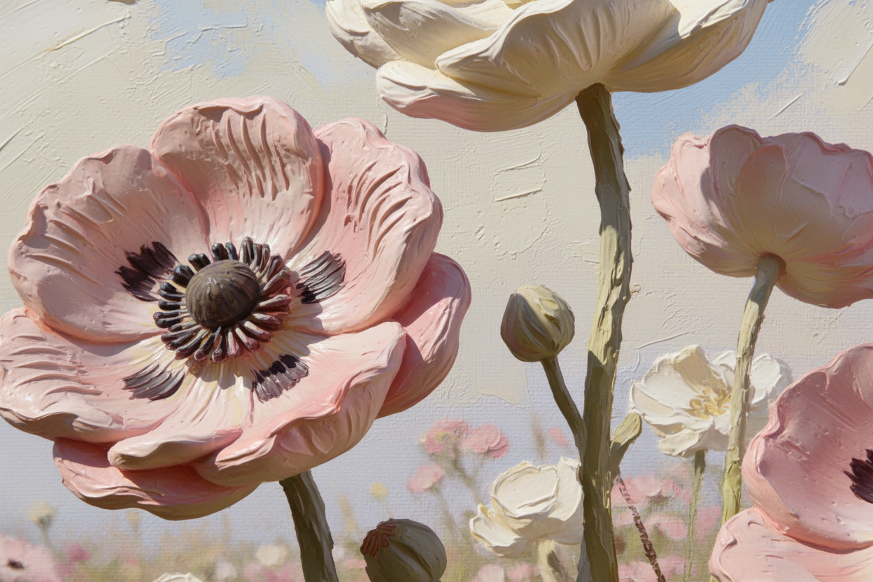 Close-up detail of Whimsical Horizon showing playful impasto texture and whimsical pastel colors