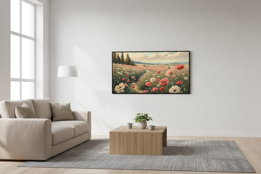 Timeless Hills Portrait with brushstroke details displayed on Samsung Frame TV in modern living room