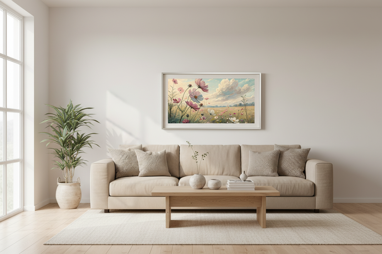 Bliss Through Emerald Valley displayed on Samsung Frame TV in modern living room