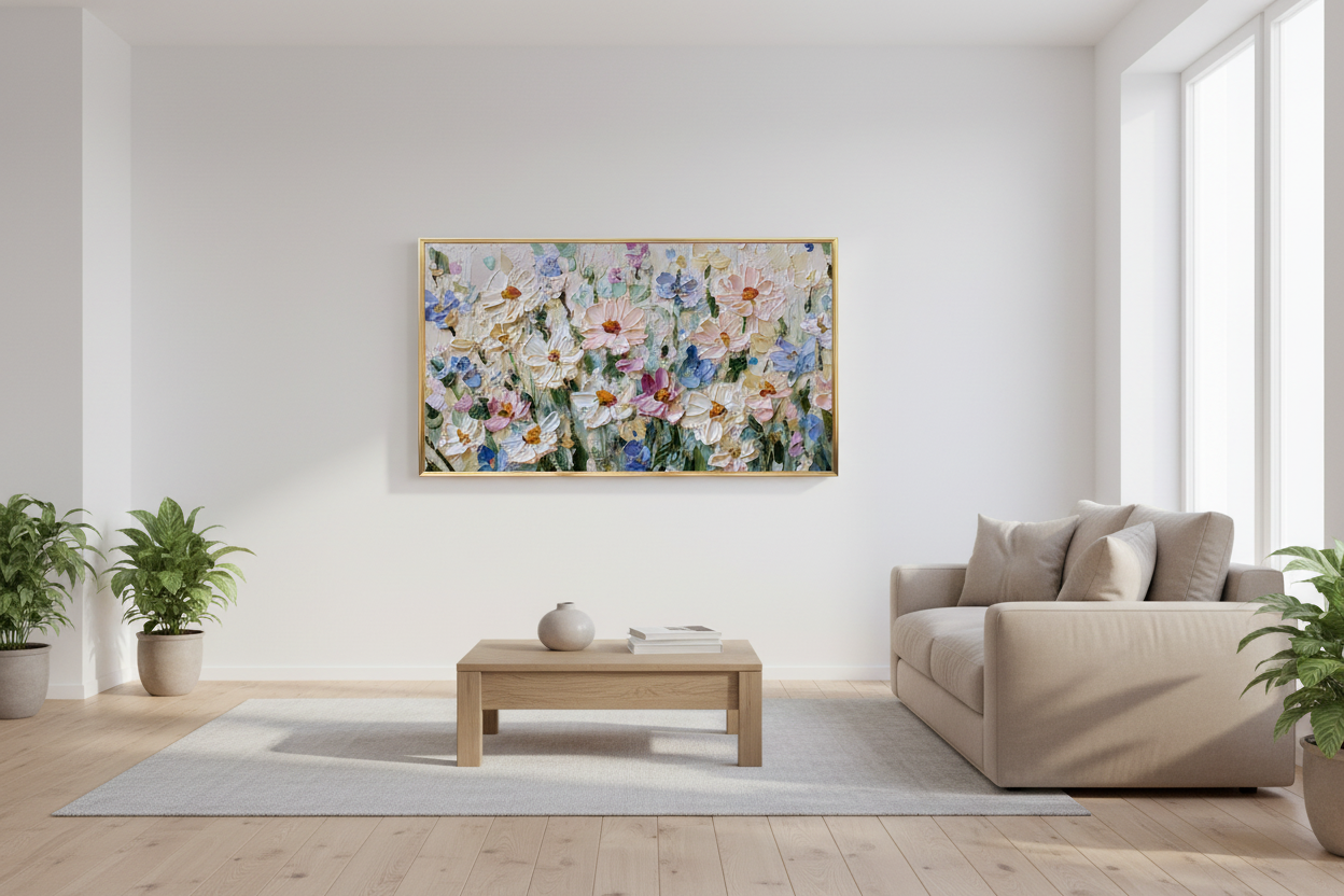 Luminous Chaos brushstroke detail art displayed on Samsung Frame TV in modern living room