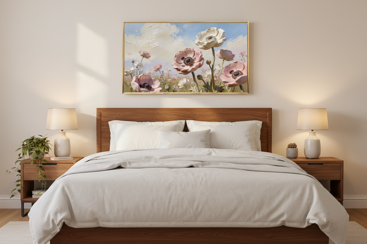 Whimsical Horizon impasto floral art displayed on Samsung Frame TV in cozy bedroom