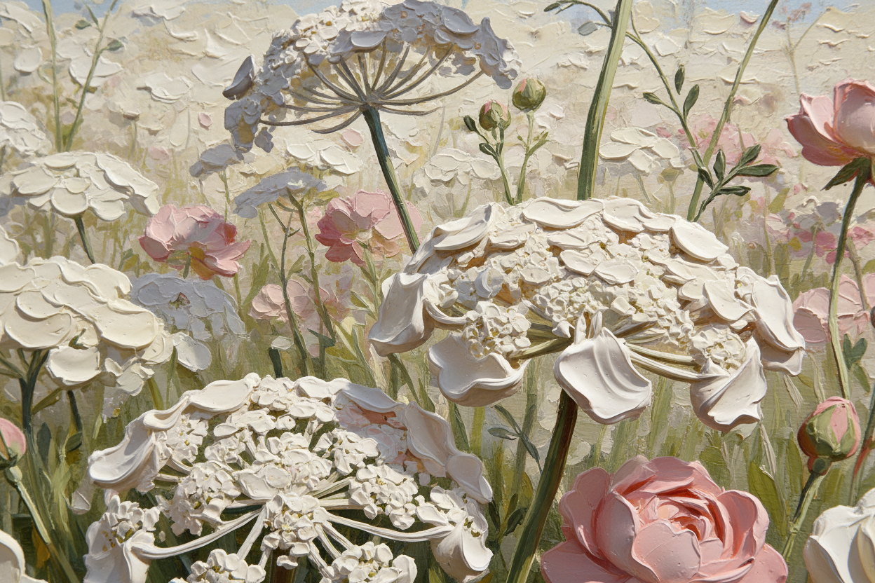 Close-up detail of Lace of the Lowland Dawn showing delicate lace-like impasto texture and dawn colors
