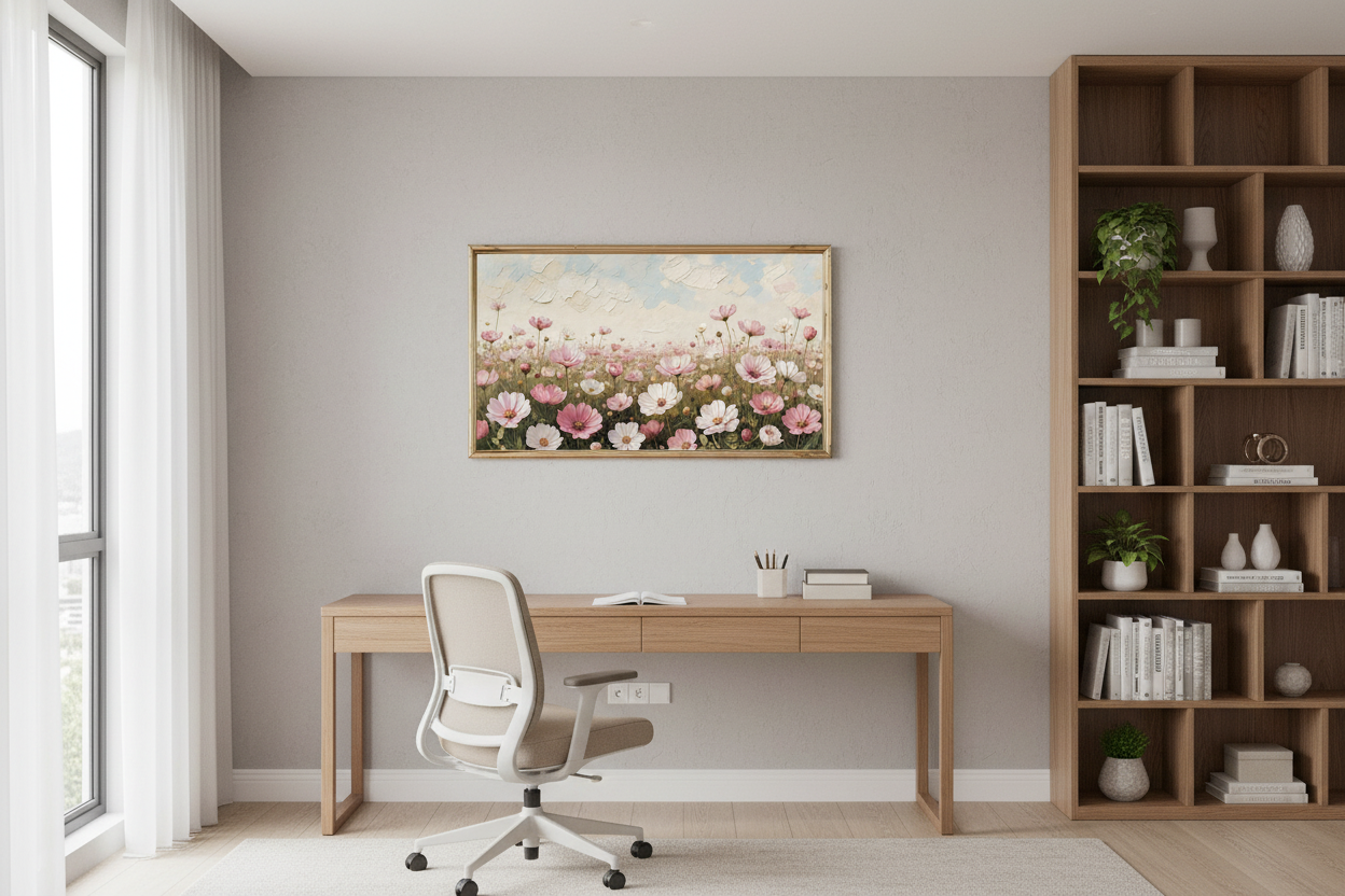 Lullaby of the Wildflowers impasto floral art displayed on Samsung Frame TV in stylish home office