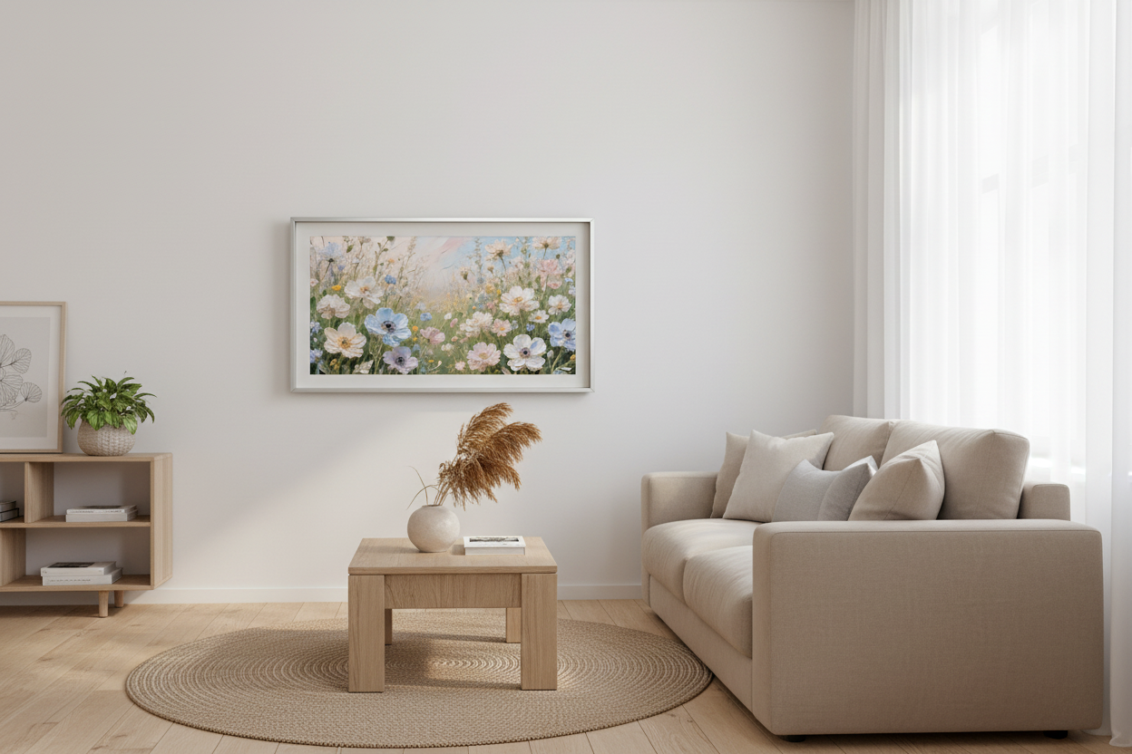 Luminous Calm wildflower meadow art displayed on Samsung Frame TV in modern living room