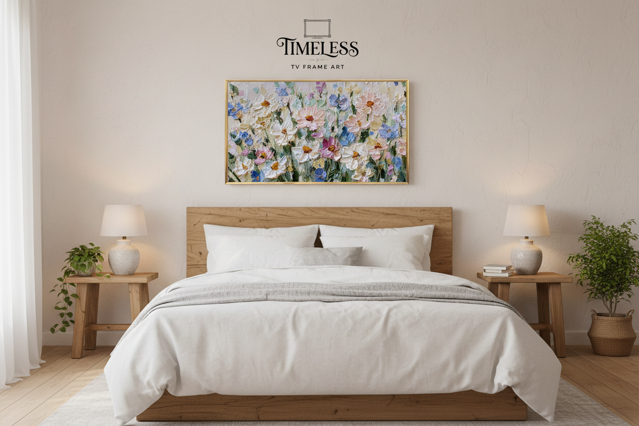 Luminous Chaos brushstroke detail art displayed on Samsung Frame TV in cozy bedroom