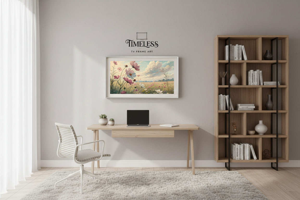 Bliss Through Emerald Valley displayed on Samsung Frame TV in stylish home office