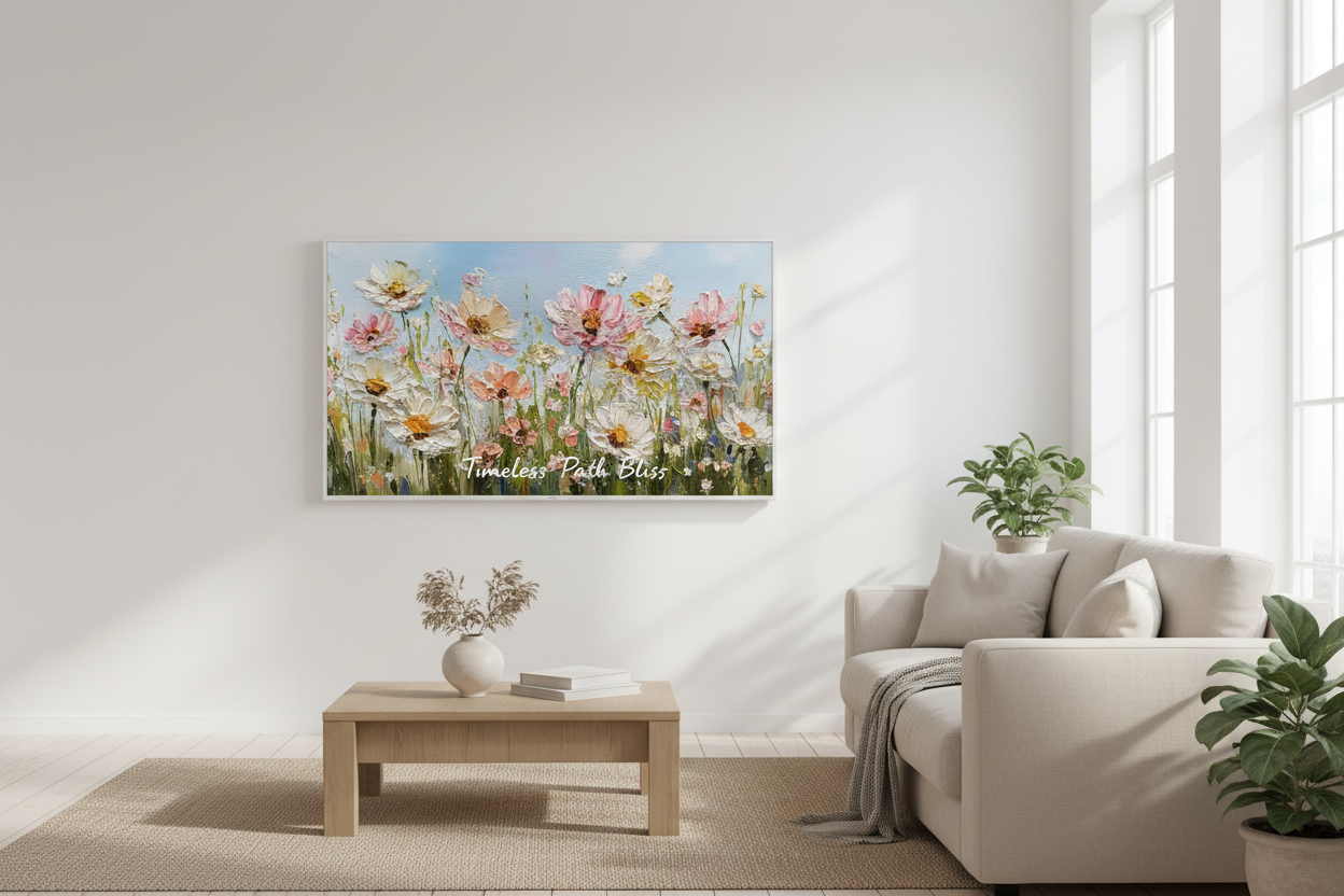 Timeless Path Bliss wildflower meadow art displayed on Samsung Frame TV in modern living room